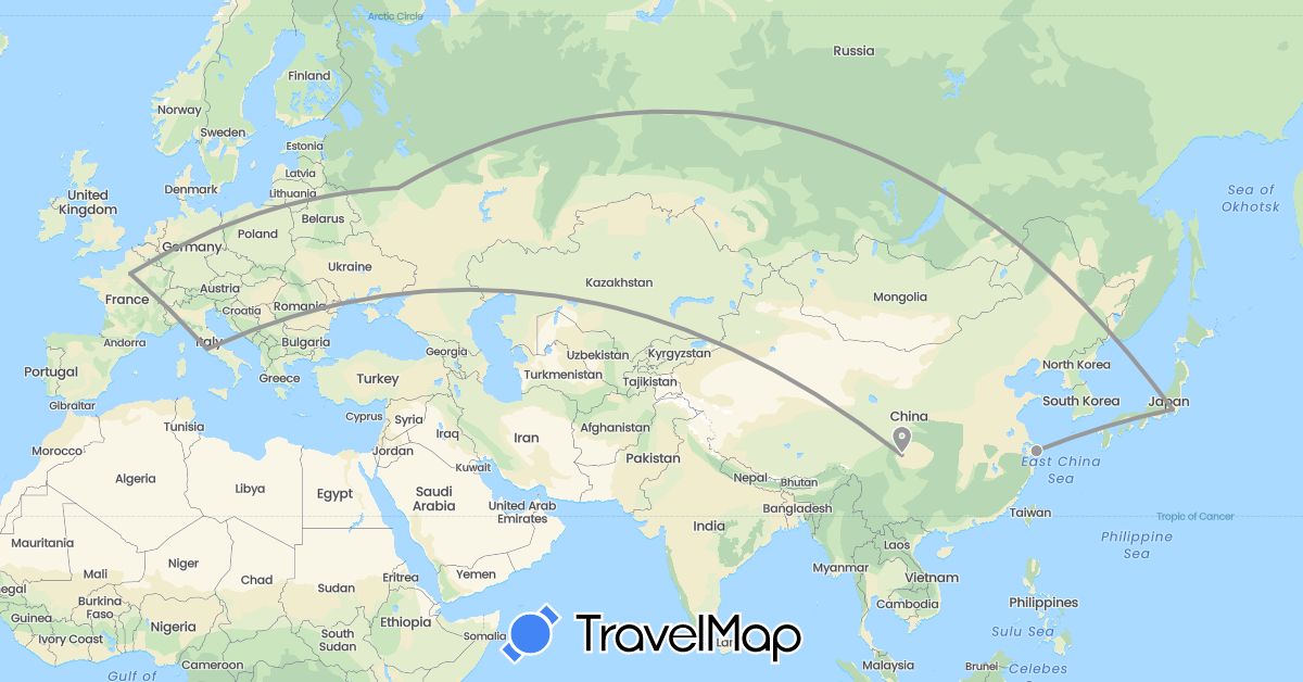 TravelMap itinerary: driving, plane in China, Germany, France, Italy, Japan, Russia (Asia, Europe)